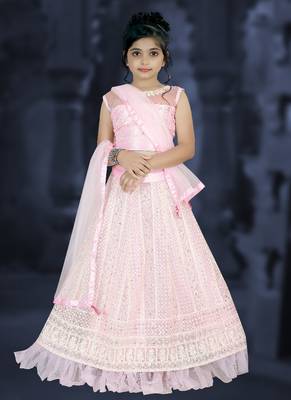 Pink Embroidery Sequence Thread Work Net Lehenga Choli 1