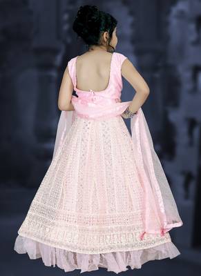 Pink Embroidery Sequence Thread Work Net Lehenga Choli 4