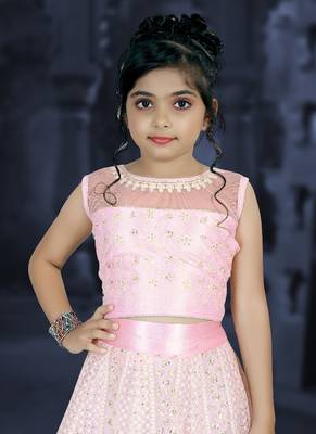 Pink Embroidery Sequence Thread Work Net Lehenga Choli 5