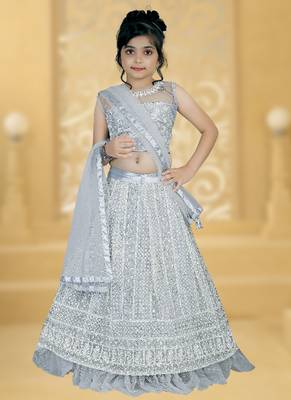 Grey Embroidery Sequence Thread Work Net Lehenga Choli 1