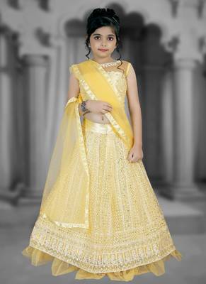 Yellow Embroidery Sequence Thread Work Net Lehenga Choli 1