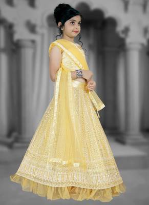 Yellow Embroidery Sequence Thread Work Net Lehenga Choli 2
