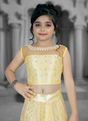 Yellow Embroidery Sequence Thread Work Net Lehenga Choli 3