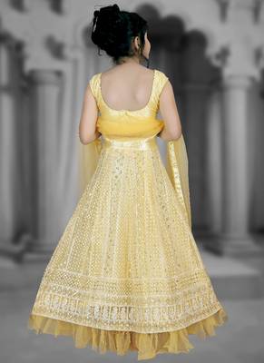 Yellow Embroidery Sequence Thread Work Net Lehenga Choli 4