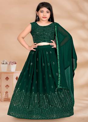 Dark Green Sequence Thread Work Pure Georgette Lehenga Choli With Tessel 1