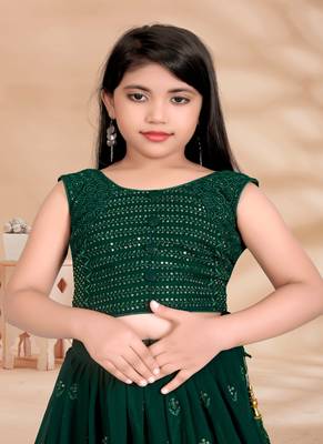 Dark Green Sequence Thread Work Pure Georgette Lehenga Choli With Tessel 3