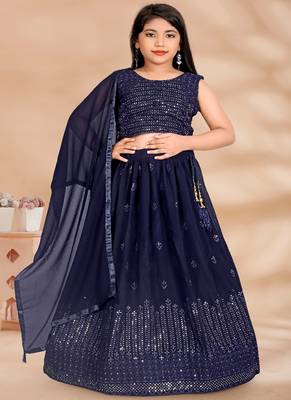 Neavy Blue Sequence Thread Work Pure Georgette Lehenga Choli With Tessel 1
