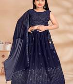 Neavy Blue Sequence Thread Work Pure Georgette Lehenga Choli With Tessel