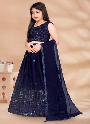 Neavy Blue Sequence Thread Work Pure Georgette Lehenga Choli With Tessel 2