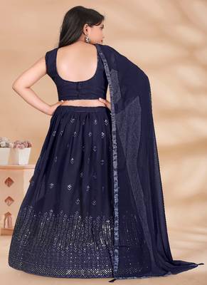 Neavy Blue Sequence Thread Work Pure Georgette Lehenga Choli With Tessel 4