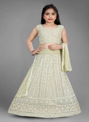 Light Pista Pure Lucknow Chikan Work Georgette Lehenga with Tessel 1