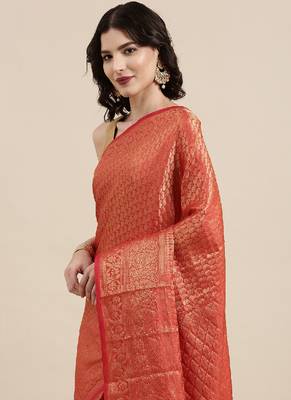 Red Kanjeevaram Silk Blend Saree With Blouse Piece 1