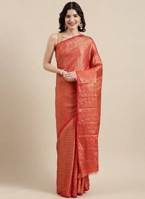 Red Kanjeevaram Silk Blend Saree With Blouse Piece 2