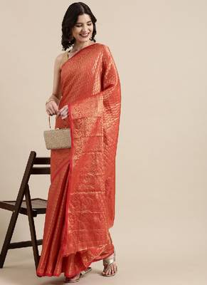 Red Kanjeevaram Silk Blend Saree With Blouse Piece 3