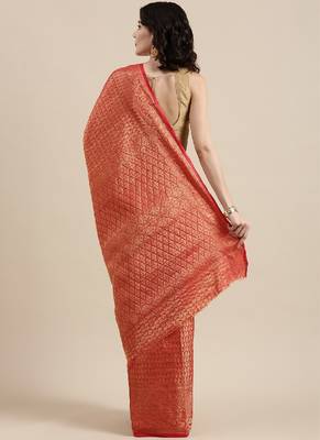 Red Kanjeevaram Silk Blend Saree With Blouse Piece 4