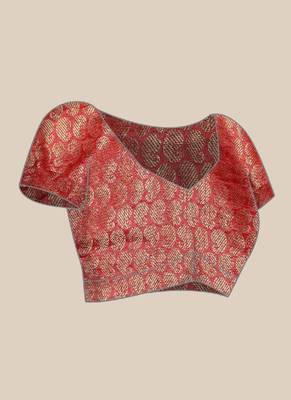 Red Kanjeevaram Silk Blend Saree With Blouse Piece 5