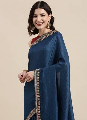 Blue Vichitra Silk saree with blouse piece 1