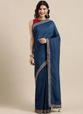 Blue Vichitra Silk saree with blouse piece 2