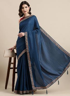 Blue Vichitra Silk saree with blouse piece 3