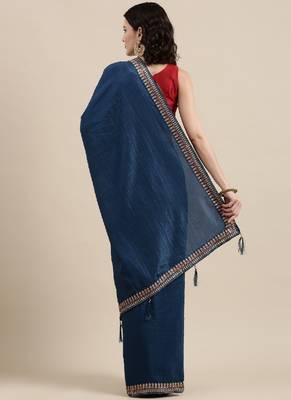Blue Vichitra Silk saree with blouse piece 4