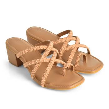 Peach Lace Adorned Nude Block Heels 2