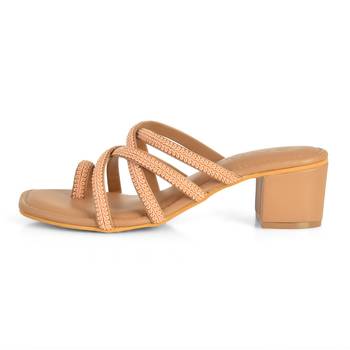 Peach Lace Adorned Nude Block Heels 3