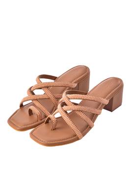 Peach Lace Adorned Nude Block Heels 5