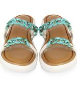 Nude Comfort Flats With Turquoise Chain
