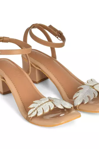 White & Silver Embroidered Leaf Heels