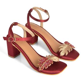 Maroon & Gold Embroidered Leaf Ivy Heels  4