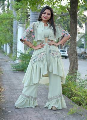 Pista Faux Georgette Stitched Top With Stitched Bottom Half Sleeve Embroidered Flared Top 1