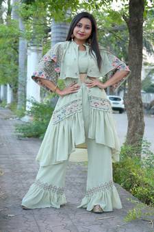 Pista Faux Georgette Stitched Top With Stitched Bottom Half Sleeve Embroidered Flared Top