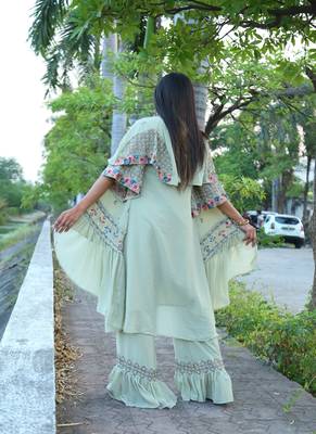 Pista Faux Georgette Stitched Top With Stitched Bottom Half Sleeve Embroidered Flared Top 2