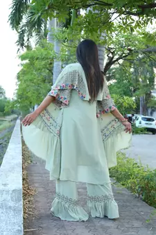 Pista Faux Georgette Stitched Top With Stitched Bottom Half Sleeve Embroidered Flared Top