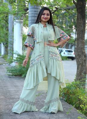 Pista Faux Georgette Stitched Top With Stitched Bottom Half Sleeve Embroidered Flared Top 3