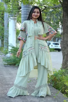 Pista Faux Georgette Stitched Top With Stitched Bottom Half Sleeve Embroidered Flared Top