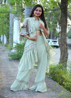 Pista Faux Georgette Stitched Top With Stitched Bottom Half Sleeve Embroidered Flared Top 4