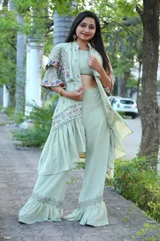 Pista Faux Georgette Stitched Top With Stitched Bottom Half Sleeve Embroidered Flared Top