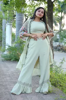 Pista Faux Georgette Stitched Top With Stitched Bottom Half Sleeve Embroidered Flared Top