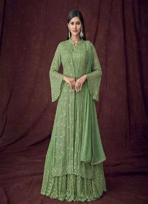 Green Faux Georgette Stitched Top With Stitched Bottom And Dupatta Full Sleeve Embroidered A line Jacket 1