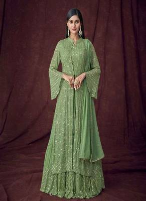 Green Faux Georgette Stitched Top With Stitched Bottom And Dupatta Full Sleeve Embroidered A line Jacket 2