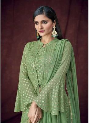 Green Faux Georgette Stitched Top With Stitched Bottom And Dupatta Full Sleeve Embroidered A line Jacket 3