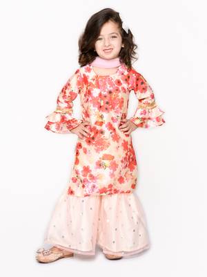 Flowery Print Pink Kurta with White Sharara & Dupatta 1