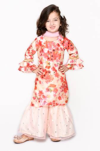 Flowery Print Pink Kurta with White Sharara & Dupatta