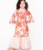 Flowery Print Pink Kurta with White Sharara & Dupatta