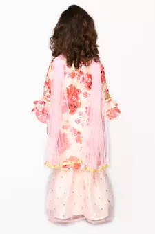 Flowery Print Pink Kurta with White Sharara & Dupatta