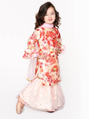 Flowery Print Pink Kurta with White Sharara & Dupatta 4
