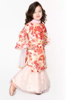 Flowery Print Pink Kurta with White Sharara & Dupatta