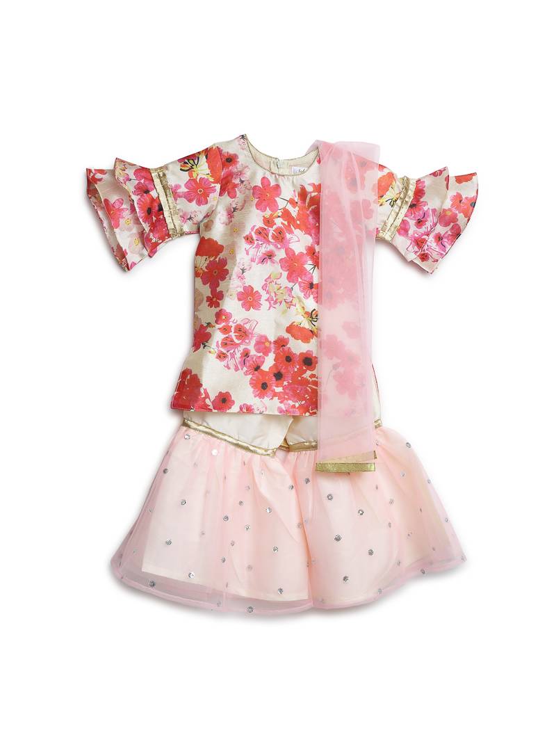 Flowery Print Pink Kurta with White Sharara & Dupatta