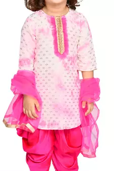 Tie & Dye Pink Georgette Kurta With Dhoti Set 